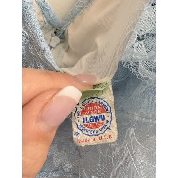 Vintage 1970s ILGWU Union Made Blue Lace Ruffle Sleeveless Maxi Dress USA - Picture 6 of 9